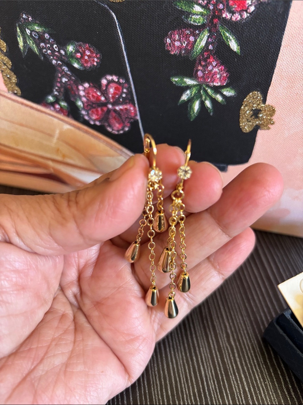 Gold Plated Dangle Chain Drop Earrings with Teardrop Accents